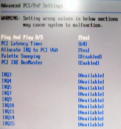 BIOS PCI Screen