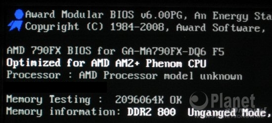Postscreen Gigabyte GA-MA790FX-DQ6 mit AMD Phenom II X4 940 ohne BIOS-Update